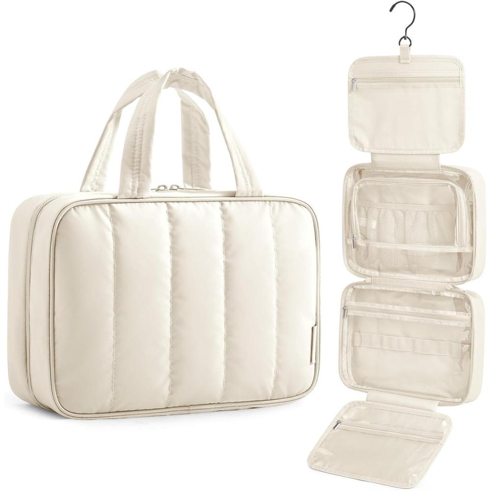 imageBAGSMART Travel Toiletry Bag for women Portable Hanging Hook Makeup Bag Organizer Waterproof Makeup Cosmetic Bag for FullSize Accessories Toiletries CamelBeige