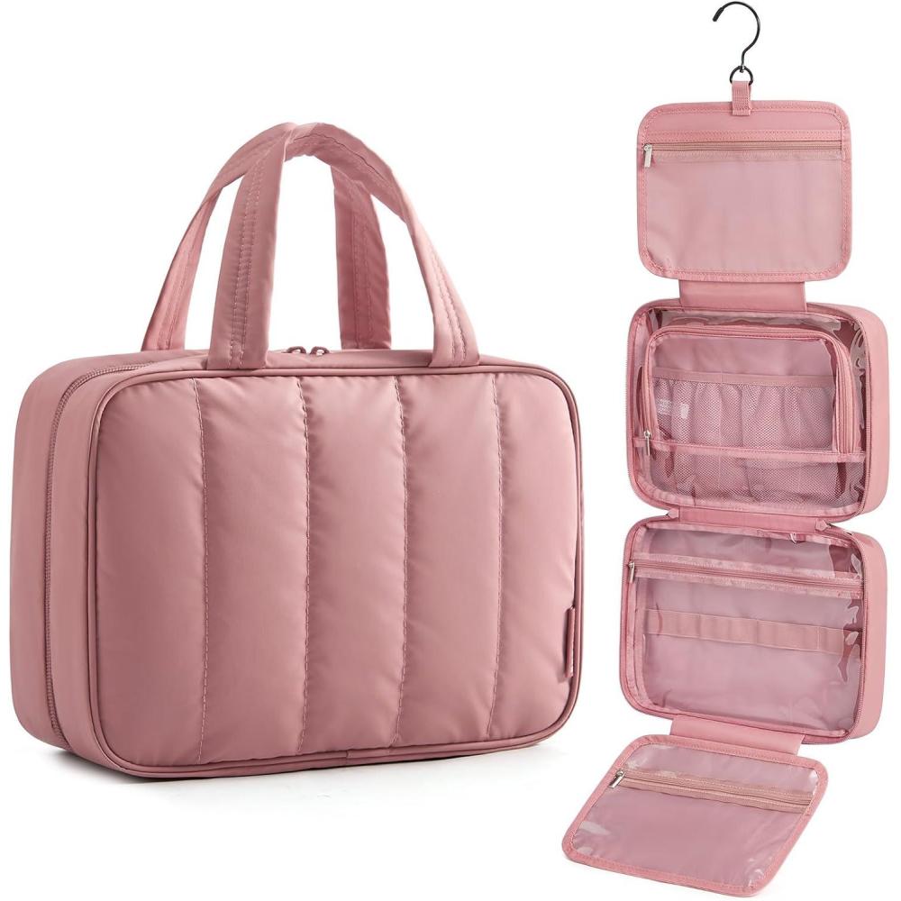 imageBAGSMART Travel Toiletry Bag for women Portable Hanging Hook Makeup Bag Organizer Waterproof Makeup Cosmetic Bag for FullSize Accessories Toiletries CamelDusty Rose