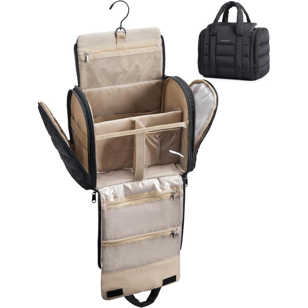 imageBAGSMART Travel Toiletry Bag with Removable Partition Puffy Waterresistant Fabric Hanging Organizer for FullSize Toiletries Accessories BlackBlack