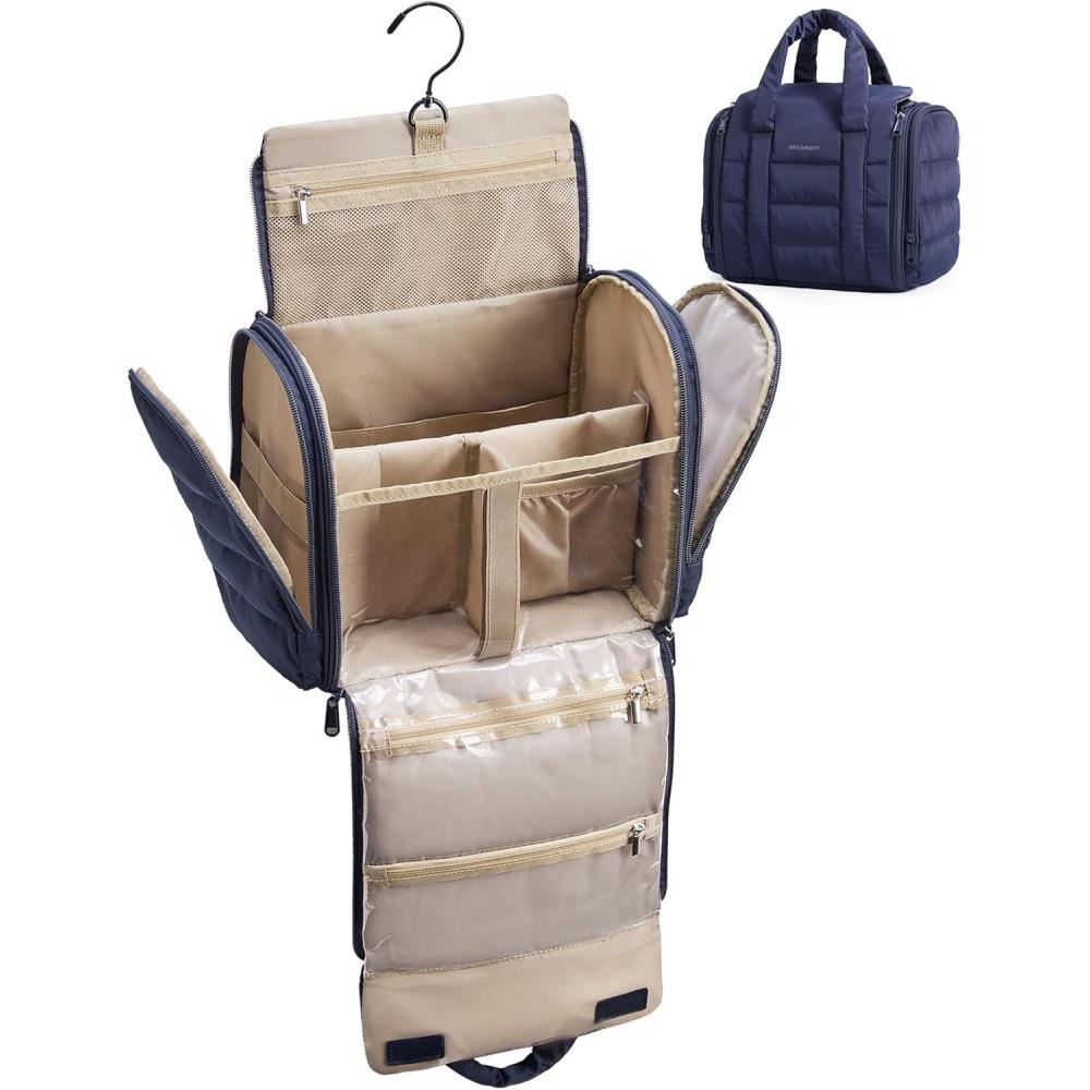 imageBAGSMART Travel Toiletry Bag with Removable Partition Puffy Waterresistant Fabric Hanging Organizer for FullSize Toiletries Accessories BlackNavy Blue