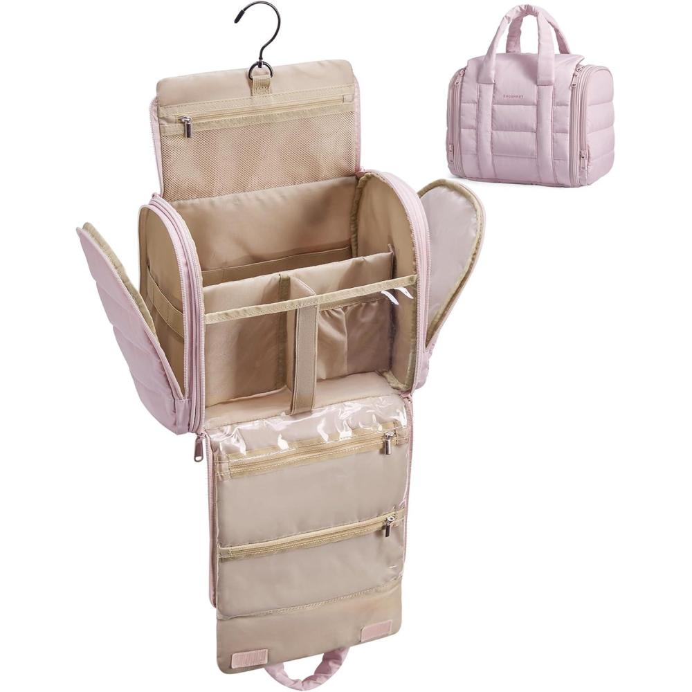 imageBAGSMART Travel Toiletry Bag with Removable Partition Puffy Waterresistant Fabric Hanging Organizer for FullSize Toiletries Accessories BlackNude Pink