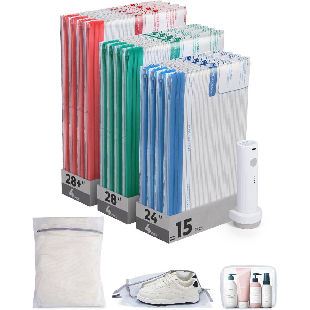 imageBAGSMART Vacuum Storage Bags for Travel with Rechargeable Air Pump 21 Pack Portable Space Saver Bags for Travel ampamp Home Vacuum Compression Seal Bag for Clothing Blanket Duvets15 Combo Travel Sets