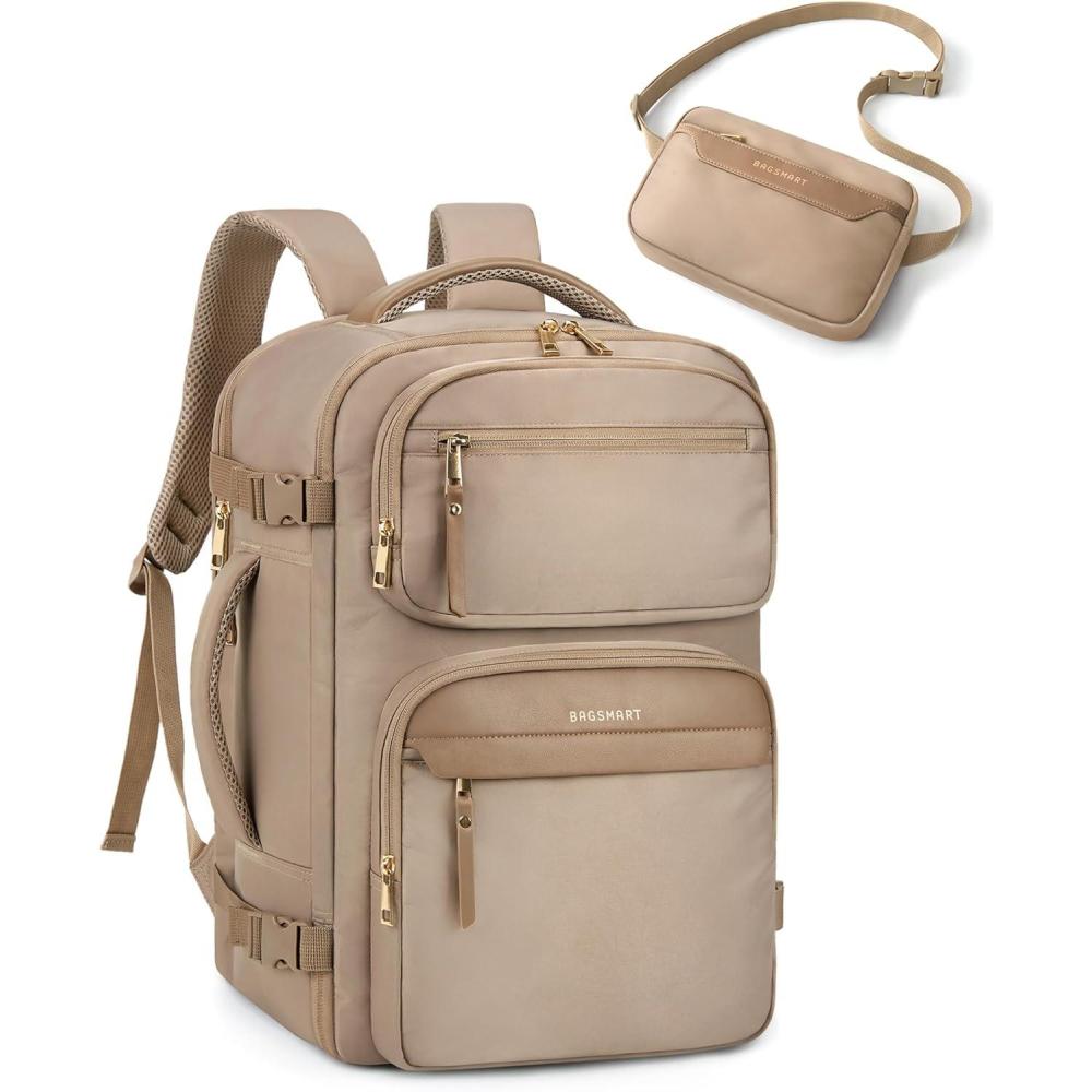 imageBAGSMART Womens Backpack Carry On Flight Approved Travel Backpack for Women with Waist Bag Traveling Lightweight Weekender Casual Daypack 173quot Laptop Work Back pack Personal Item Travel Bag BlackChampagne