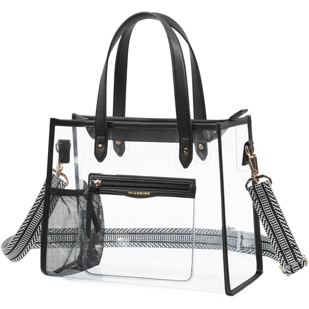 imageMissnine Clear Bag for Stadium Events Thick PVC Clear Tote Bag for Women with Guitar Strap for Sports Concert BeachAdjustable Strapblack