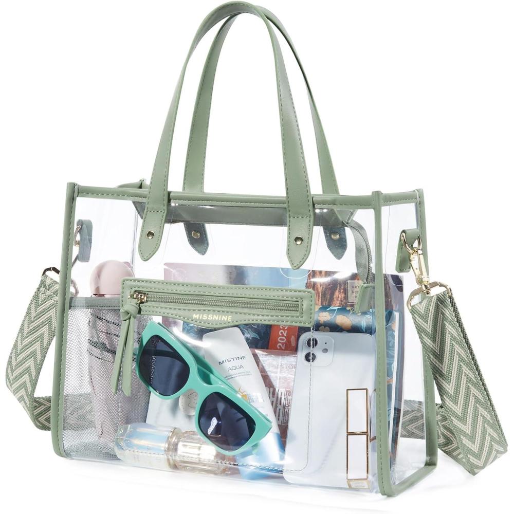 imageMissnine Clear Bag for Stadium Events Thick PVC Clear Tote Bag for Women with Guitar Strap for Sports Concert BeachAdjustable Strapgreen