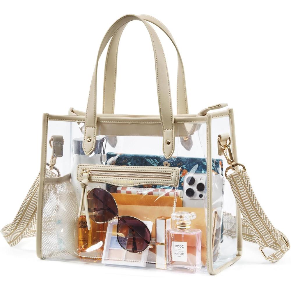 imageMissnine Clear Bag for Stadium Events Thick PVC Clear Tote Bag for Women with Guitar Strap for Sports Concert BeachAdjustable Strapkhaki