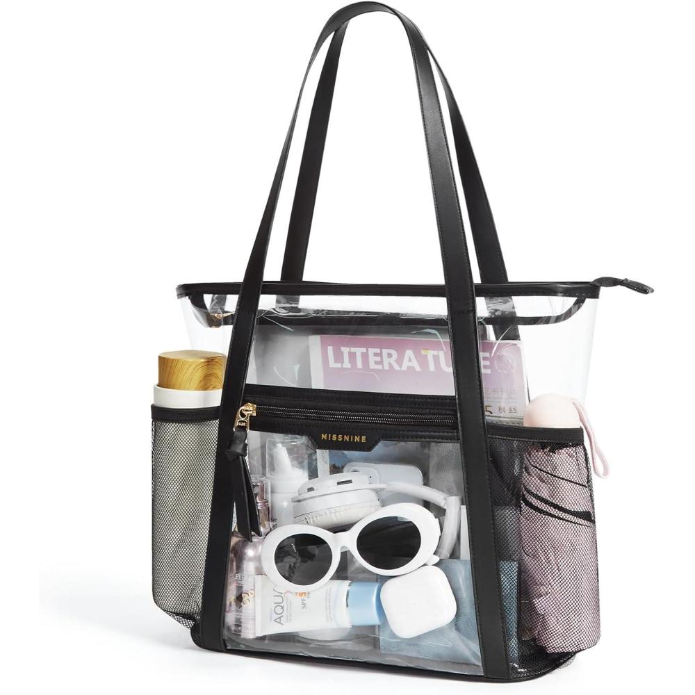 imageMissnine Clear Bag for Stadium Events Thick PVC Clear Tote Bag for Women with Guitar Strap for Sports Concert BeachClassic Handlesblack