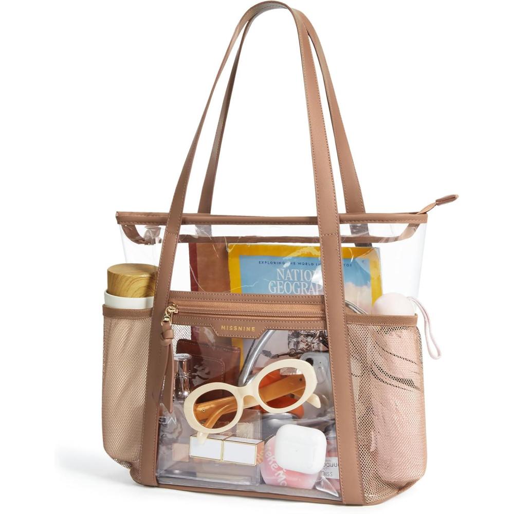 imageMissnine Clear Bag for Stadium Events Thick PVC Clear Tote Bag for Women with Guitar Strap for Sports Concert BeachClassic Handlesbrown