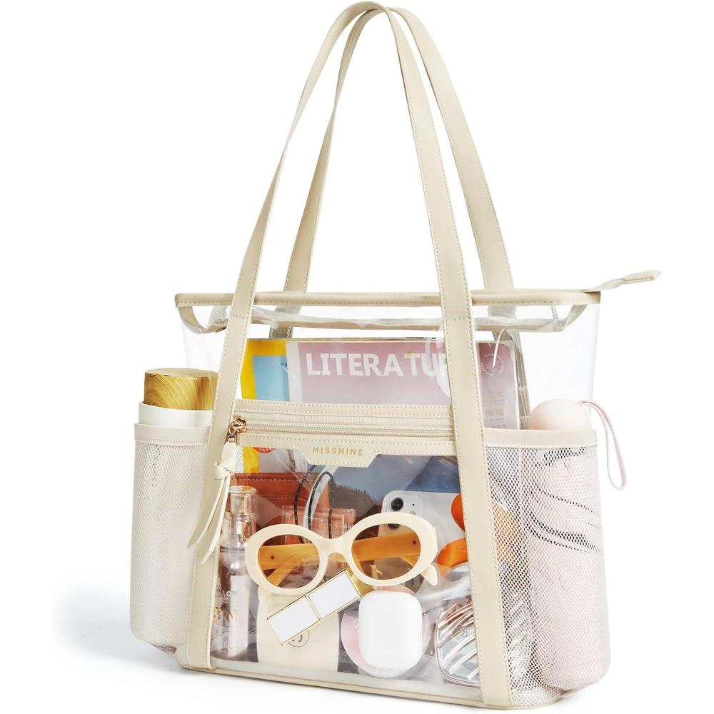 imageMissnine Clear Bag for Stadium Events Thick PVC Clear Tote Bag for Women with Guitar Strap for Sports Concert BeachClassic Handleskhaki