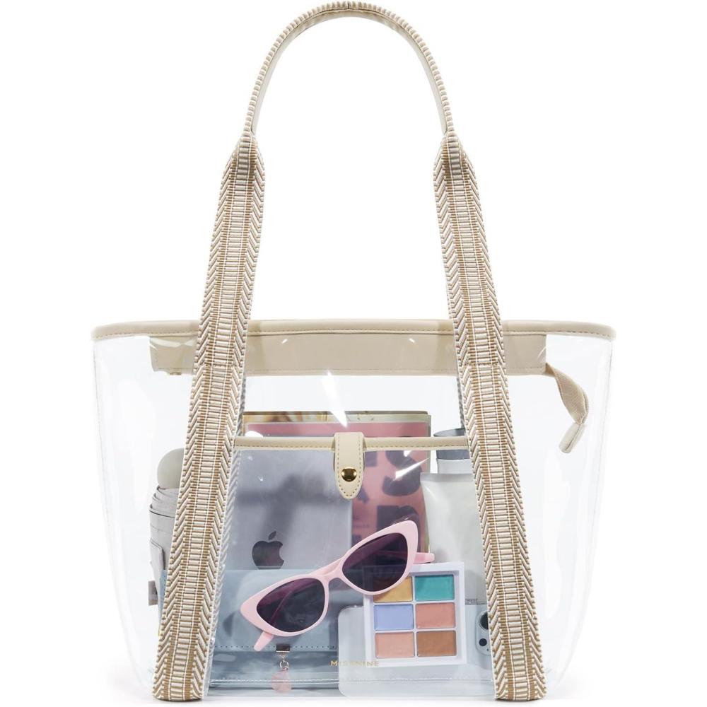 imageMissnine Clear Bag for Stadium Events Thick PVC Clear Tote Bag for Women with Guitar Strap for Sports Concert BeachJacquard Handleskhaki