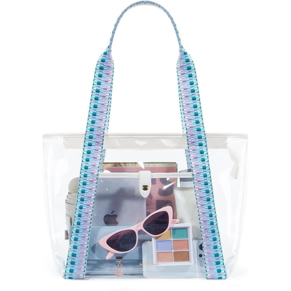 imageMissnine Clear Bag for Stadium Events Thick PVC Clear Tote Bag for Women with Guitar Strap for Sports Concert BeachJacquard Handleswhite