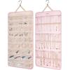BAGSMART Hanging Jewelry Organizer Storage Roll with Hanger Metal Hooks Double-Sided Jewelry Holder for Earrings, Necklaces, Rings on Closet, Wall, Door, 1 piece, Medium, Black(Pink)