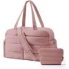 BAGSMART Gym Bag for Women, Lightweight Puffer Duffle Bag 2-PC Travel Bag, 31L Weekender Overnight Bag Quilted Carry On Tote Bag, Diaper Hospital Dance bag for Travel, Gym, Water Resistant, Camel(Dull Pink)