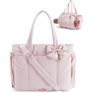 BAGAMSRT Crush Bow Tote Bag for Women, Large Work Tote with 40oz Tumbler, Puffer Travel Tote Bag for Work, Yoga, Gym(Candy Pink)
