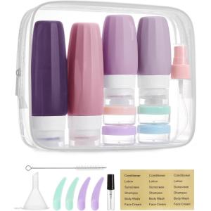 BAGSMART 18 Pack TSA Approved Travel Bottles for Toiletries, Leak Proof Silicone Travel Size Containers Bottles for Shampoo, Macaron(Purple)