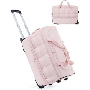 BAGSMART 42L Rolling Duffle Bag with Wheels, Carry On Bag Duffel Bag for Travel, Wet Pocket Duffle Bag with Wheels and Handle, Brown(A-Pink)