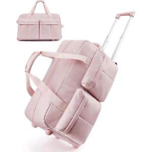 BAGSMART 42L Rolling Duffle Bag with Wheels, Carry On Bag Duffel Bag for Travel, Wet Pocket Duffle Bag with Wheels and Handle, Brown(Pink)