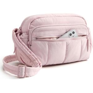 BAGSMART Anti Theft Crossbody Bags for Women Travel Purse, Medium Quilted Puffy cross body bag, Handbags Shoulder Purses, Brown-medium(Baby Pink-1)