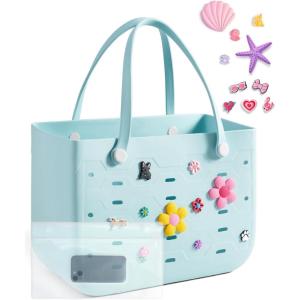 BAGSMART Beach Bag for Women, Water-resistant Rubber Tote Bag, Sandproof Vacation Essentials for Summer Swim Cruise Pool(L-blue)