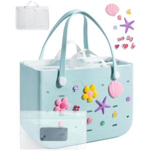 BAGSMART Beach Bag for Women, Water-resistant Rubber Tote Bag, Sandproof Vacation Essentials for Summer Swim Cruise Pool(L-blue-set)