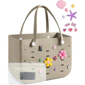 BAGSMART Beach Bag for Women, Water-resistant Rubber Tote Bag, Sandproof Vacation Essentials for Summer Swim Cruise Pool(L-camel)