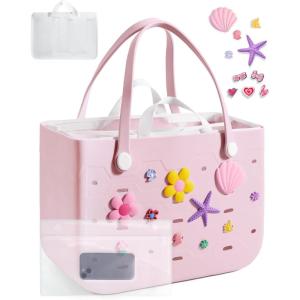 BAGSMART Beach Bag for Women, Water-resistant Rubber Tote Bag, Sandproof Vacation Essentials for Summer Swim Cruise Pool(L-pink-set)