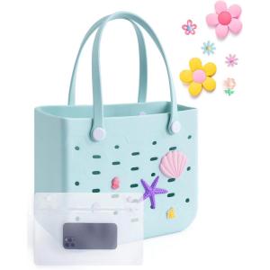 BAGSMART Beach Bag for Women, Water-resistant Rubber Tote Bag, Sandproof Vacation Essentials for Summer Swim Cruise Pool(M-blue)