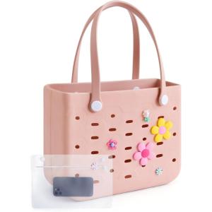 BAGSMART Beach Bag for Women, Water-resistant Rubber Tote Bag, Sandproof Vacation Essentials for Summer Swim Cruise Pool(M-pink)