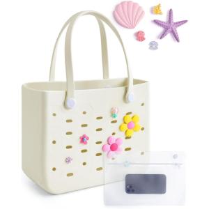 BAGSMART Beach Bag for Women, Water-resistant Rubber Tote Bag, Sandproof Vacation Essentials for Summer Swim Cruise Pool(M-white)