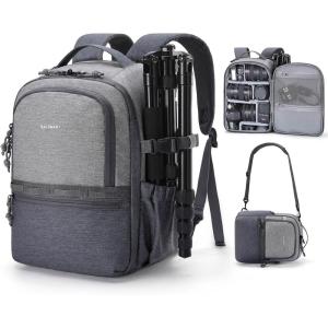 BAGSMART Camera Backpack, DSLR SLR Small Camera Bags for Photographers Compatible for Sony Canon Nikon, Shoulder Strap 2-in-1 Travel Backpack Fits 12.9″ iPad, Black(Gray)