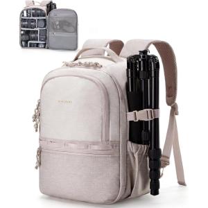 BAGSMART Camera Backpack, DSLR SLR Small Camera Bags for Photographers Compatible for Sony Canon Nikon, Shoulder Strap 2-in-1 Travel Backpack Fits 12.9″ iPad, Black(Beige)