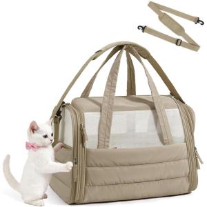 BAGSMART Cat Carrier: Soft-Sided Pet Carrier for Small Medium Cats Dogs Puppy Quilted Collapsible Puffy Travel Bag Up to 20 Lbs Pink(Brown)