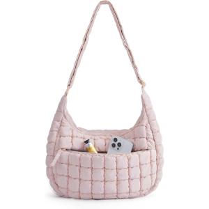 BAGSMART Crossbody Hobo Bag for Women, Quilted Puffy Purses for Women Soft Fluffy Cute Shoulder Handbag for Daily Use(D-blossom Pink)