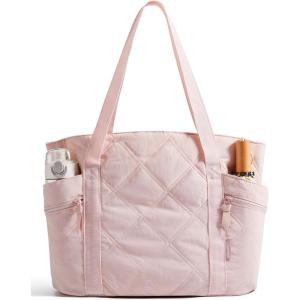 BAGSMART Crush Tote Bag for Women, 20L Puffer Work Tote with Zipper, Travel Essentials Quilted Nurse Hospital Bag(A-pink)