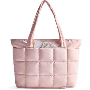 BAGSMART Expandable Tote Bag for Women, Puffer Work Tote Handbag, Quilted Carry On Bag for Travel Gym(Light Pink)