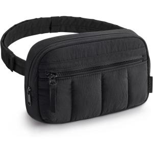 BAGSMART Fanny Packs for Women Cross Body, Quilted Puffy Belt Bag with Pockets, Fashion Waist Packs for Traveling Hiking Pink(Black)