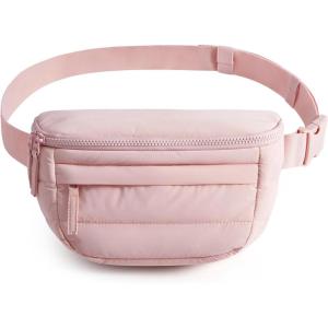 BAGSMART Fanny Packs for Women Two Way Zipper Belt Bag with Adjustable Strap, Puffy Fashion Waist Packs for Traveling Workout, Brown(Baby Pink)