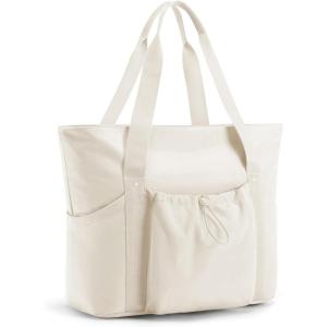 BAGSMART Foldable Tote Bag with Drawstring Bag, Large Tote Bag Shoulder Bag Top Handle Handbag for Travel, Work, Beach, Gym(Beige 1)