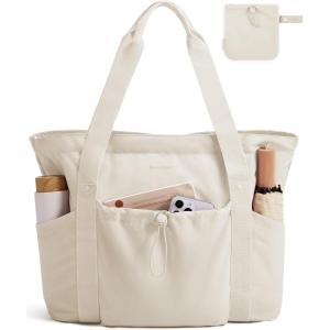 BAGSMART Foldable Tote Bag with Drawstring Bag, Large Tote Bag Shoulder Bag Top Handle Handbag for Travel, Work, Beach, Gym(Beige)