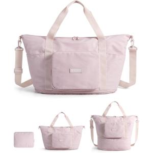 BAGSMART Foldable Travel Bag, 37L Duffle Bag for Travel, Expendable Carry on Weekender Duffel, Lightweight Personal Item Bag(Pink)