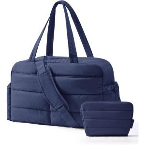 BAGSMART Gym Bag for Women, Lightweight Puffer Duffle Bag 2-PC Travel Bag, 31L Weekender Overnight Bag Quilted Carry On Tote Bag, Diaper Hospital Dance bag for Travel, Gym, Water Resistant, Camel(Navy Blue)