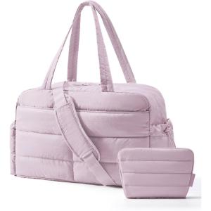 BAGSMART Gym Bag for Women, Lightweight Puffer Duffle Bag 2-PC Travel Bag, 31L Weekender Overnight Bag Quilted Carry On Tote Bag, Diaper Hospital Dance bag for Travel, Gym, Water Resistant, Camel(Misty Purple)