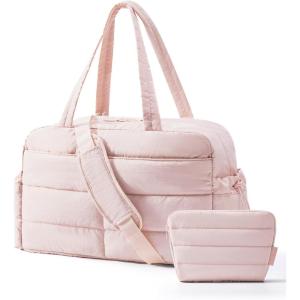 BAGSMART Gym Bag for Women, Lightweight Puffer Duffle Bag 2-PC Travel Bag, 31L Weekender Overnight Bag Quilted Carry On Tote Bag, Diaper Hospital Dance bag for Travel, Gym, Water Resistant, Camel(Baby Pink)