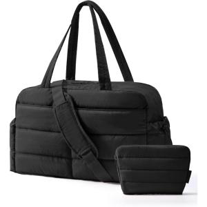 BAGSMART Gym Bag for Women, Lightweight Puffer Duffle Bag 2-PC Travel Bag, 31L Weekender Overnight Bag Quilted Carry On Tote Bag, Diaper Hospital Dance bag for Travel, Gym, Water Resistant, Camel(Black)
