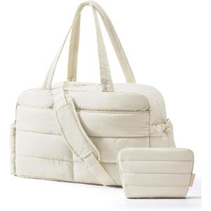 BAGSMART Gym Bag for Women, Lightweight Puffer Duffle Bag 2-PC Travel Bag, 31L Weekender Overnight Bag Quilted Carry On Tote Bag, Diaper Hospital Dance bag for Travel, Gym, Water Resistant, Camel(Beige)