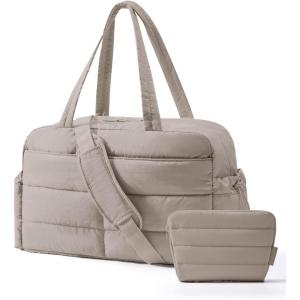 BAGSMART Gym Bag for Women, Lightweight Puffer Duffle Bag 2-PC Travel Bag, 31L Weekender Overnight Bag Quilted Carry On Tote Bag, Diaper Hospital Dance bag for Travel, Gym, Water Resistant, Camel(Camel)