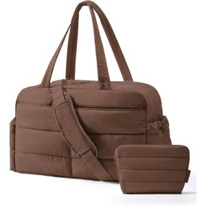 BAGSMART Gym Bag for Women, Lightweight Puffer Duffle Bag 2-PC Travel Bag, 31L Weekender Overnight Bag Quilted Carry On Tote Bag, Diaper Hospital Dance bag for Travel, Gym, Water Resistant, Camel(Coffee Brown)
