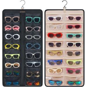 BAGSMART Hanging Jewelry Organizer, Dust Proof Sunglasses Storage Case Wall Mounted, Travel Dual Sided Glasses Case Multiple Pairs, Eyeglasses Holder with 32 Clear Slots & Metal Hook, Black