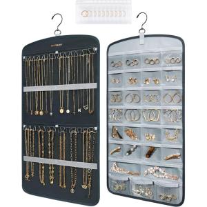 BAGSMART Hanging Jewelry Organizer, Necklace Holder Anti-tangle Earrings Rings Hanger with 10 Jewelry Bags Travel Storage Roll with Pockets Hang on Closet, Wall, Door,1 Piece, Small, Black(Grey)