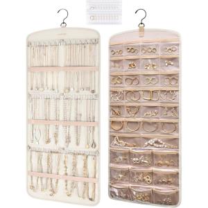 BAGSMART Hanging Jewelry Organizer, Necklace Holder Anti-tangle Earrings Rings Hanger with 10 Jewelry Bags Travel Storage Roll with Pockets Hang on Closet, Wall, Door,1 Piece, Small, Black(Beige)